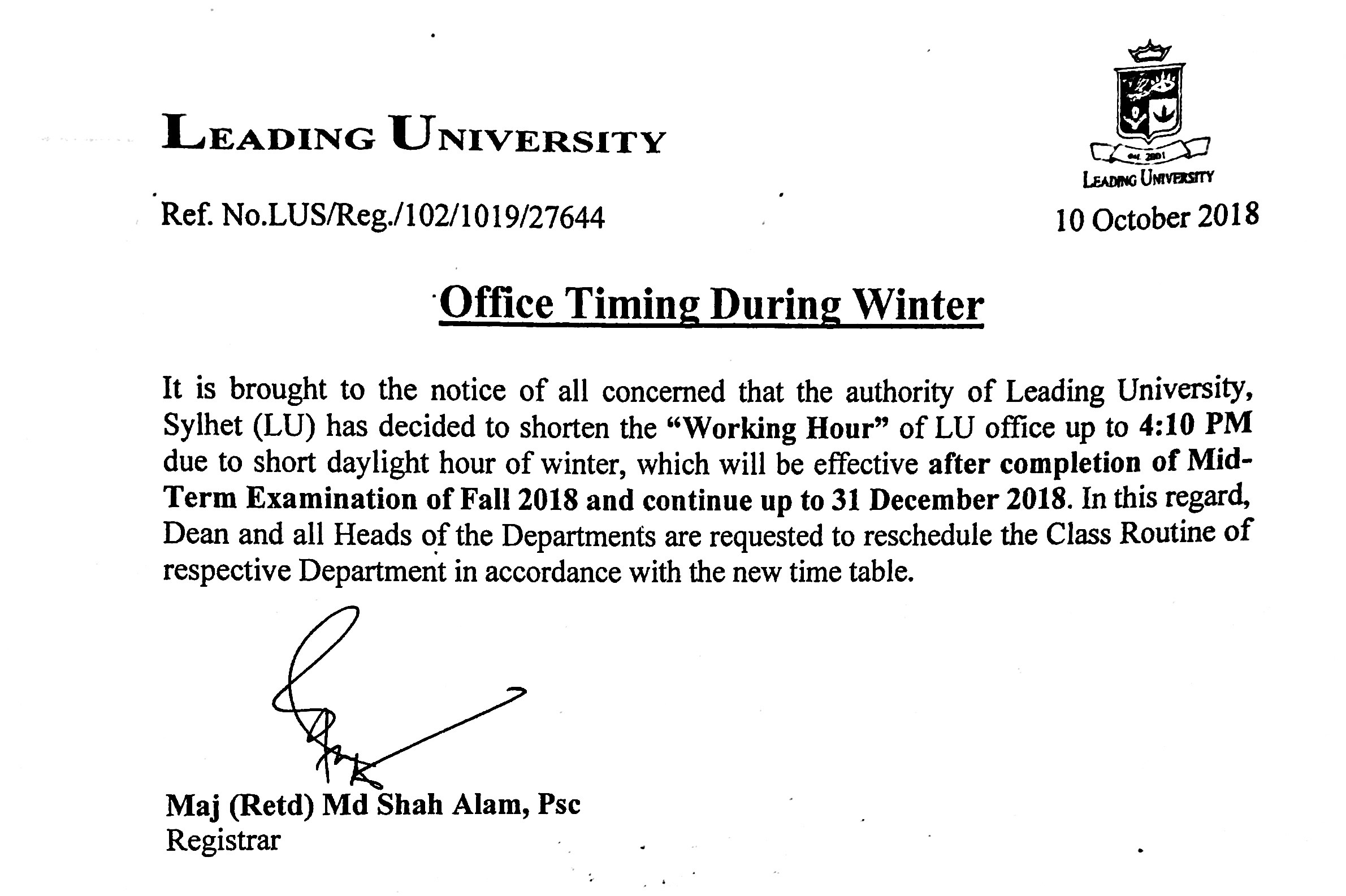 Regarding Office Timing During Winter Leading University