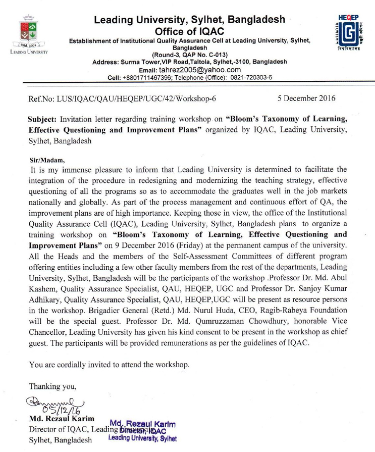 Invitation letter regarding training workshop organized by IQAC