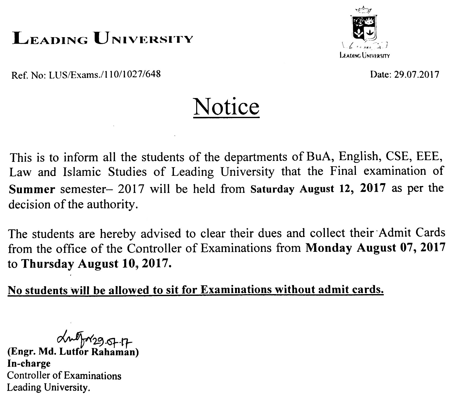 Notice Regarding For All Students Of The Dept. Of BuA, Englisg, Law ...