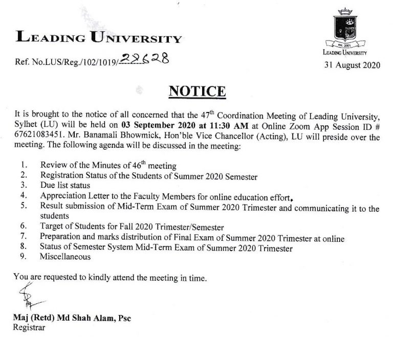 Regarding Coordination Meeting – Leading University