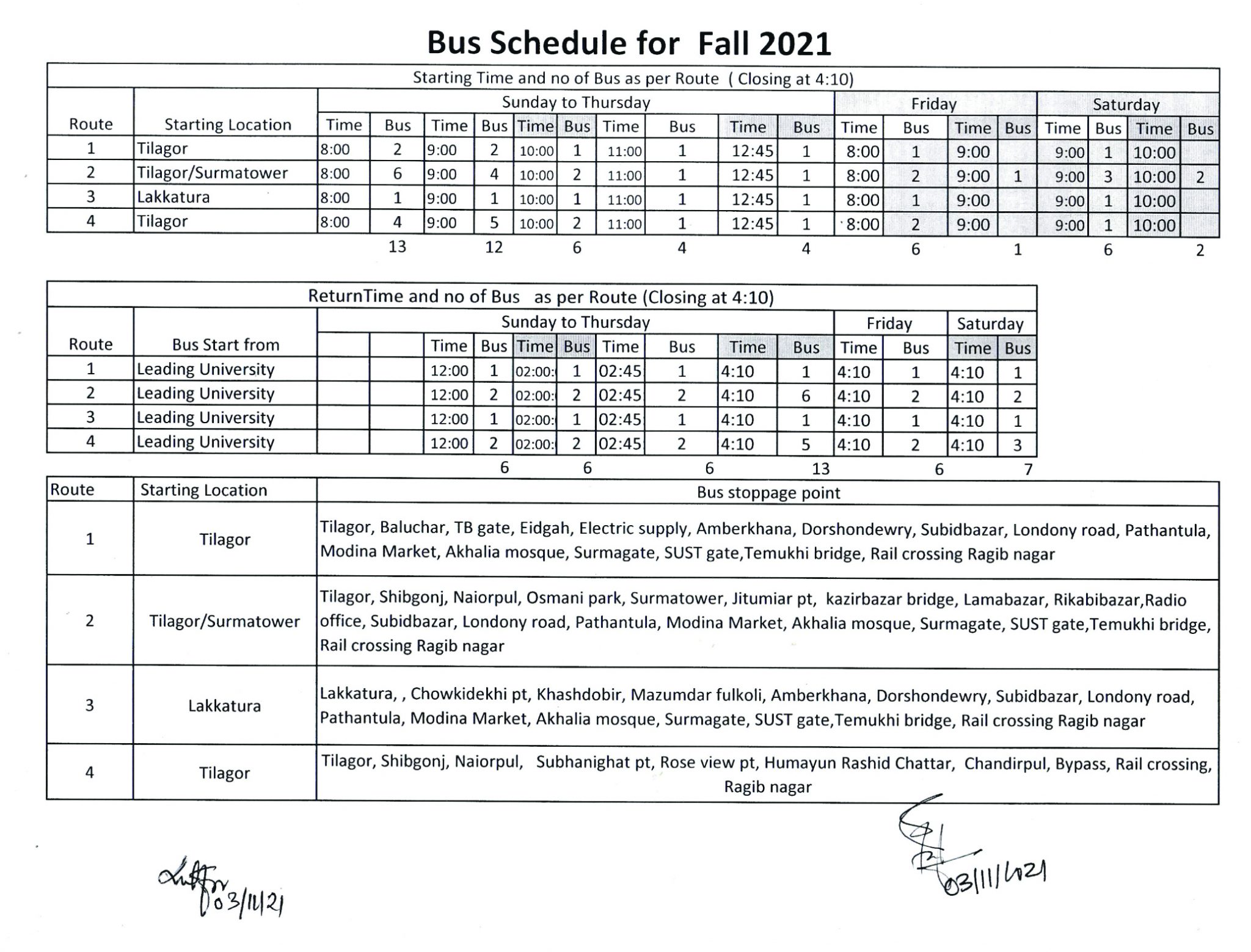 Bus Schedule for Fall-2021 – Leading University