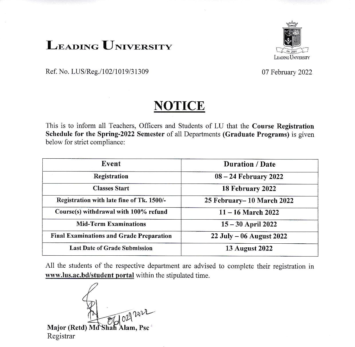 Regarding Course RegistrationSpring 2022 (Graduate Programs) Leading