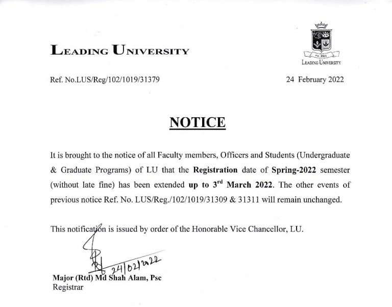 Notice Regarding Course Registration (Spring 2022) Leading University