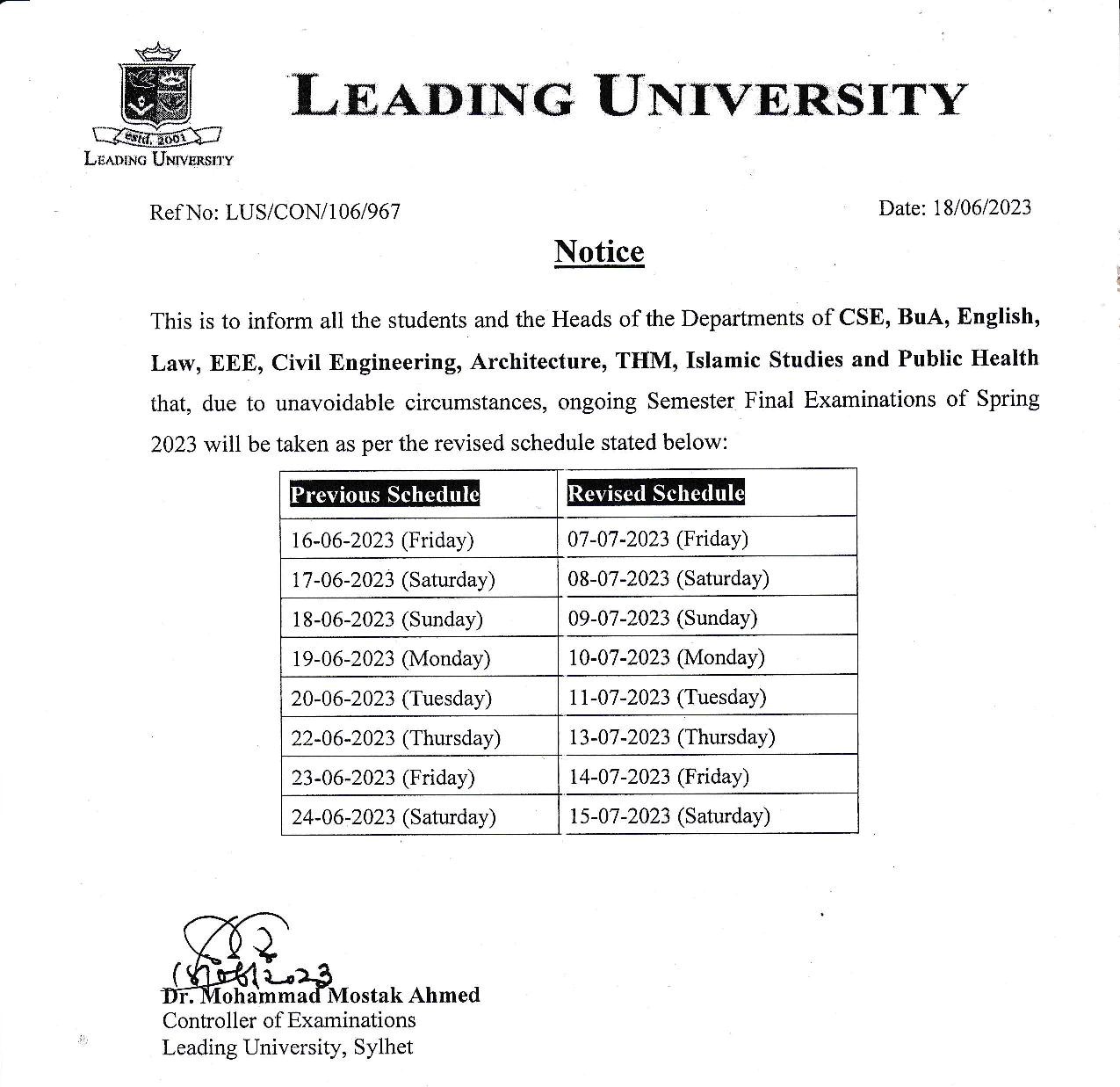 Regarding the Revised Exam Schedule of the Semester Final Examination